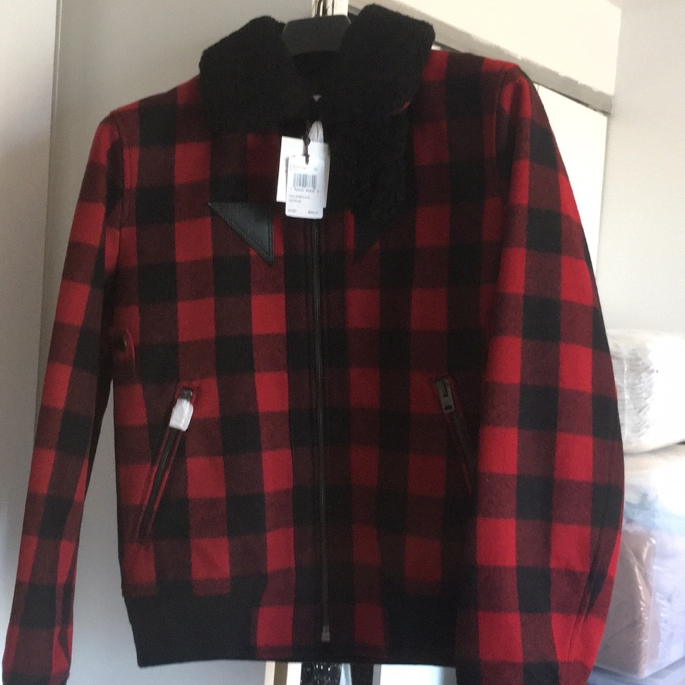 Coach Buffalo Plaid Bomber with shearling collar